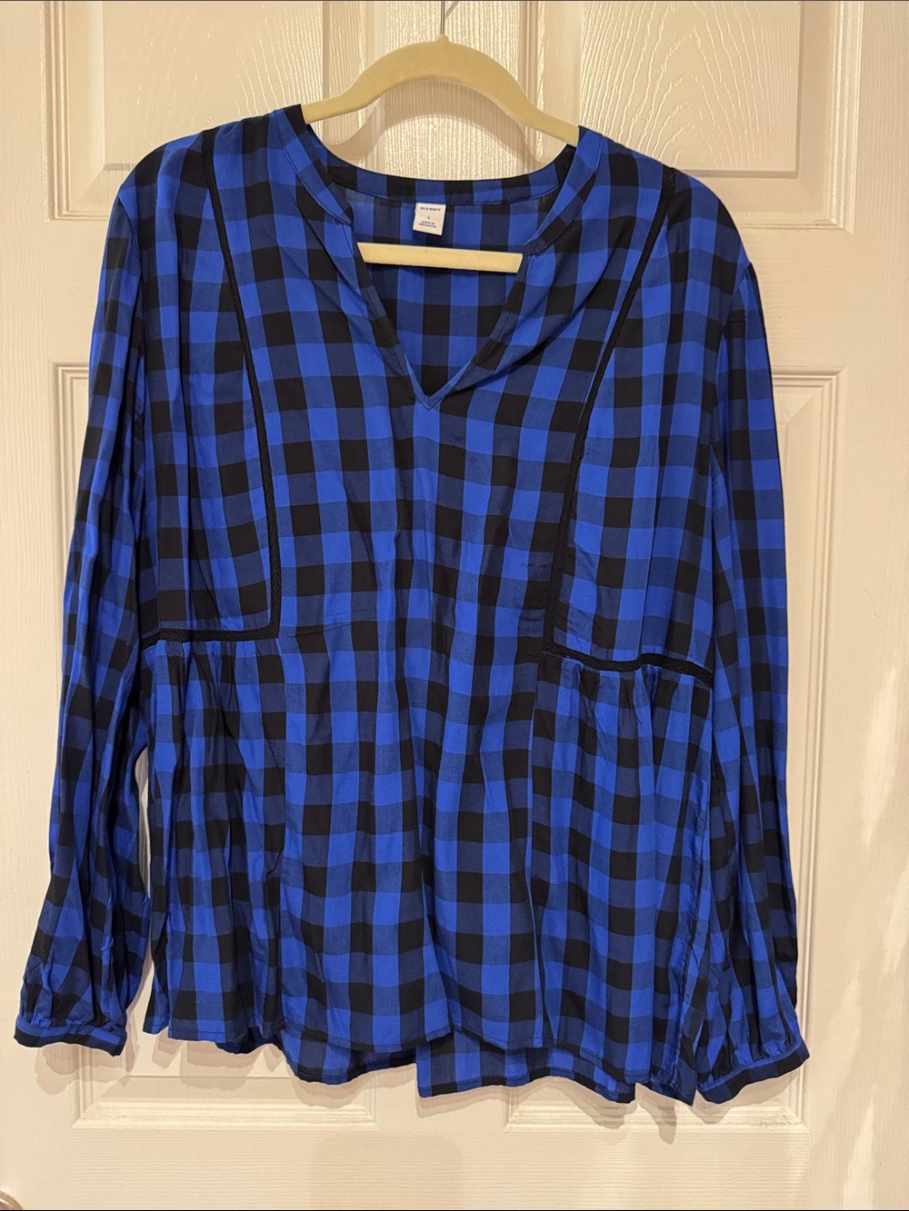 Old Navy Blue and Black Buffalo Plaid V-Neck Peplum Women's Top